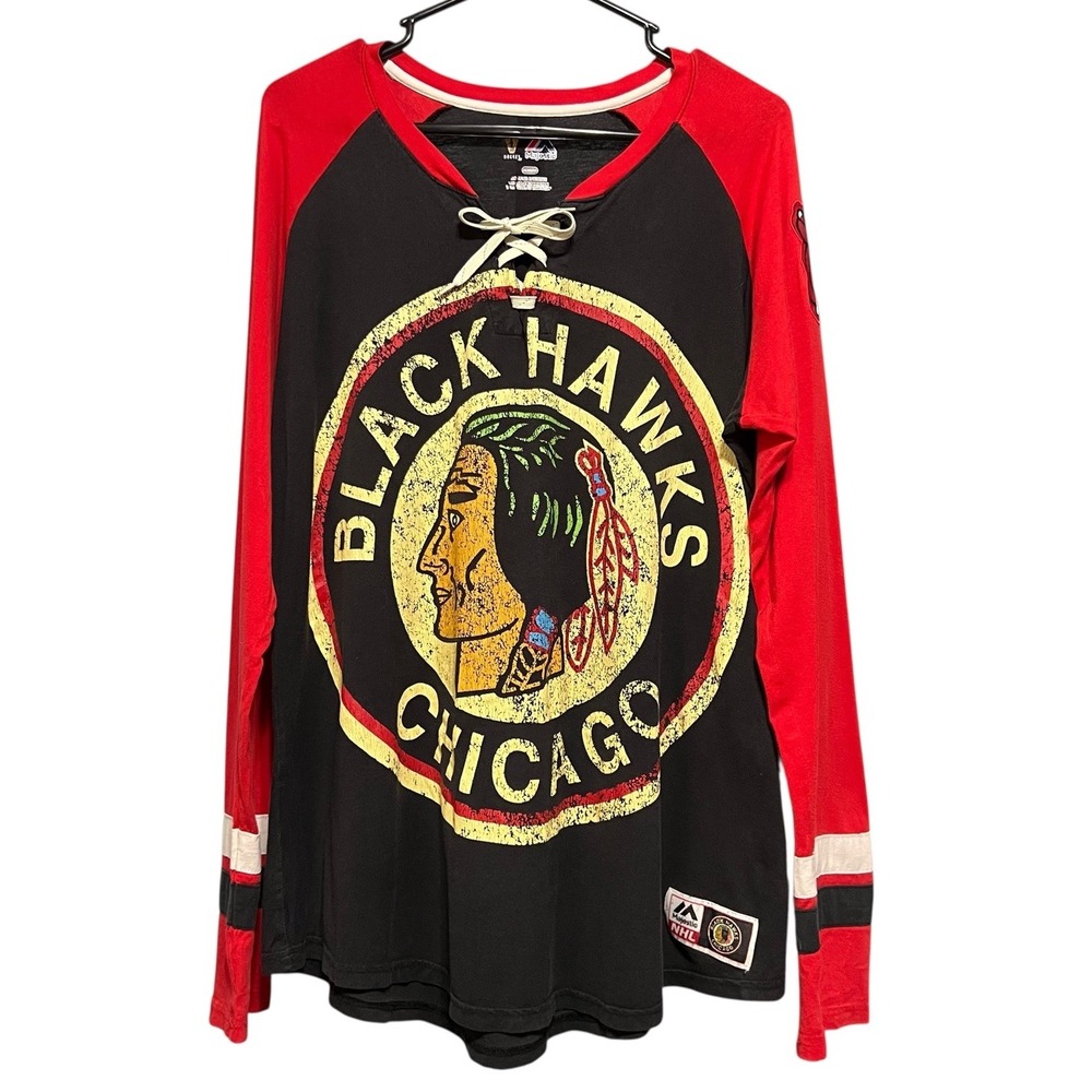 Majestic Chicago Blackhawks Shirt Womens 2X NHL  Hockey‎ Lace Up Long Sleeves